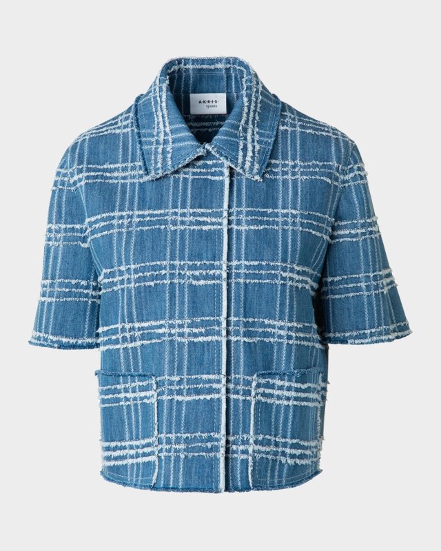 Fringed Check Denim Short-Sleeve Shirt Jacket